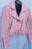 Women Pink Studded Leather Rock Steam Punk Style Biker Jacket, Women Silver Studs Spiked Pink Jacket